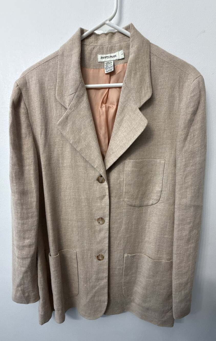 Ann Taylor 100% Linen Tan Beige Blazer Jacket Size L